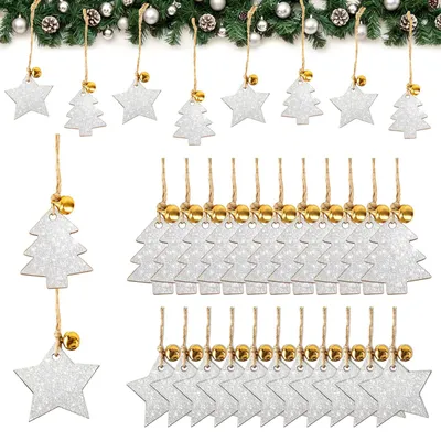 24er Set Holz-Weihnachtsanhänger mit Glitzer, Glöckchen und Juteband
