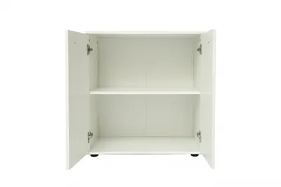 A white cabinet with two doors open, revealing two shelves.