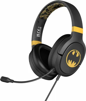 A close-up studio shot of a black and yellow Batman-themed gaming headset with a microphone.