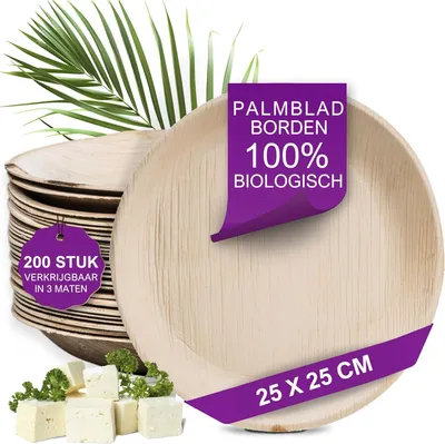 Imagen del producto de Platos redondos de hojas de palma, 25 cm de diámetro, 200 unidades, compostables, ideales para la cocina
