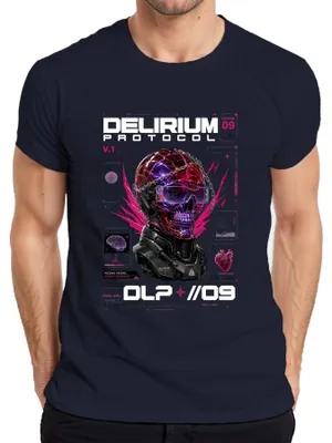 Obrázok produktu pre Tričko Delirium Protocol Cyber Skull Futurismus Japan Y2K Synthwave Neon, tmavomodré, veľkosť S