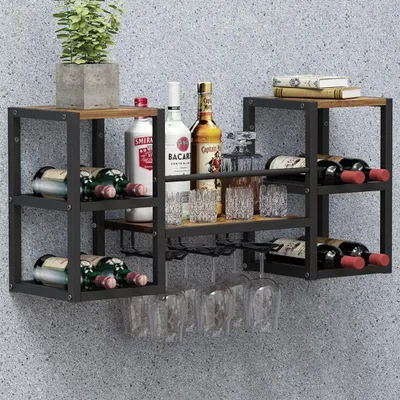 Image de Étagère murale industrielle pour bouteilles de vin, avec 3 supports en verre - Étagère partiellement en bois - Structure en métal noir