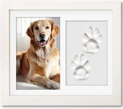 Productafbeelding van Pootafdrukset met fotolijst voor honden en katten - houten lijst voor foto 10 x 15 cm - wit
