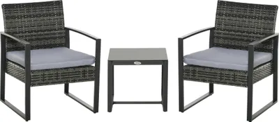 Image de Ensemble de jardin Outsunny en polyrotin, 3 pièces. Ensemble de mobilier de balcon avec coussins, gris