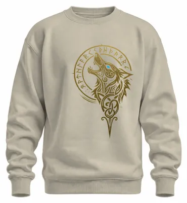 Imagen del producto de Sudadera con cuello redondo, diseño de lobo vikingo, motivos nórdicos de Fenrir, runas, cabeza de lobo, estilo celta, color natural, talla XXL