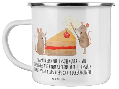 Produktbild von Mr. & Mrs. Panda Pott 6. Hochzeitstag Zuckerhochzeit - Weiß - Geschenk, Campingtasse, Liebe feiern, Feier, Zitat, Heirat, Teetasse, Emaille Tasse, Jubiläum, Heiraten