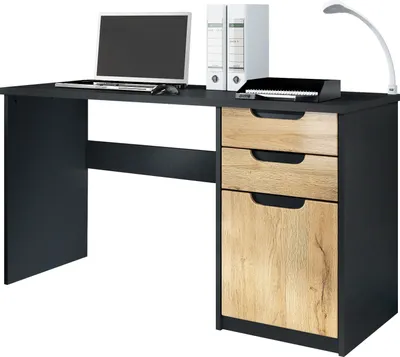 Produktbild von Vladon Schreibtisch Logan,  Germany, Bürotisch mit 2 Schubladen und 1 Tür, Schwarz matt/Eiche Natur (129 x 76 x 60 cm)