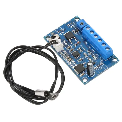 A blue circuit board with electronic components and a black cable with a silver connector.