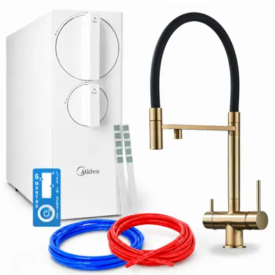 Obrázok produktu pre Systém na filtráciu vody s kuchynskou batériou Ari Highflex, reverzná osmóza 800 GPD, dvojpáčková batéria, perlátor, mosadz, kartáčovaný zlatý povrch