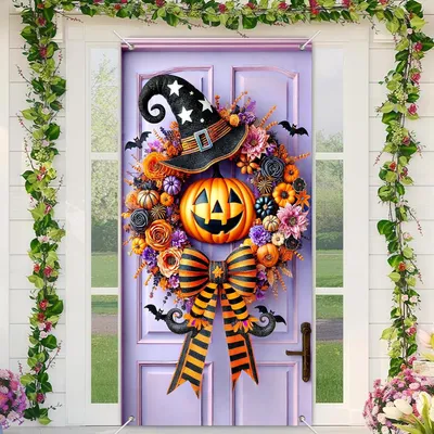 Produktbild von Halloween-Türdekoration mit Hexenkürbis - 90 x 180 cm - Halloween Deko - Türdeko Wandbehang - Nur Türvorhang - für Eingang, Flur, Veranda