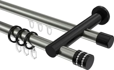 Produktbild von Interdeco Rundrohr-Innenlaufstange / Gardinenstange (Kombination) Edelstahl-Optik / Schwarz, Typ Platon Estana (Glitzerkappe), 20 mm Ø 2-läufig, 540 cm
