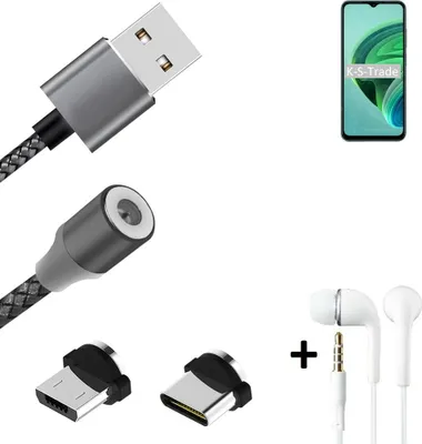 Produktbild von K-S-Trade® Hochwertiges Magnet-Lade-kabel Sync-Kabel Daten-Kabel + Kopfhörer kompatibel mit Xiaomi Redmi 10 5G mit USB-Typ-C-Anschluss und