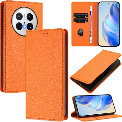 Produktbild von Litchi Leder Handyhülle für Huawei Mate 70 Wallet Kartenfächer Standfunktion Hülle Orange