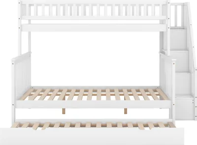 Produktbild von Flieks Etagenbett 90x200cm/140x200cm, Kinderbett mit Rausfallschutz, Hochbett mit Treppe und Ausziehbarem Bett, Massivholzbett mit Lattenrost, Weiß