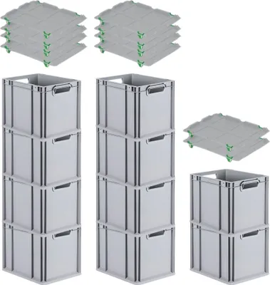 Produktbild von SparSet 10x Eurobox NextGen Economy mit Auflagedeckel und 4x Schiebeschnappverschlüsse Grün | Griffe offen | HxBxT 32x30x40cm | 30 Liter | Eurobehälter, Transportbox, Transportbehälter, Stapelbehälter