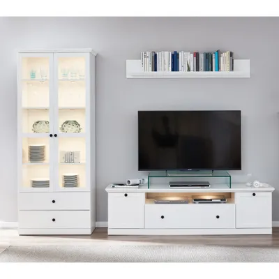 Produktbild von Wohnwand 273 cm weiß Landhaus BERGAMA-19 mit LED Unterbauspots, B/H/T: ca. 273/180/41 cm