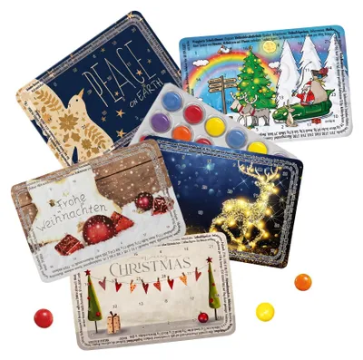 Produktbild von 5er Mix-Set Mini-Adventskalender mit Schokolinsen - Der vielleicht kleinste Advents-Kalender der Welt (Bunte Schlittenfahrt, Weihnachtsmann on Tour, M