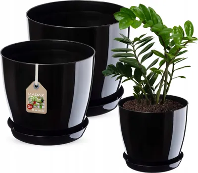 Image de KADAX Pots de fleurs en plastique "Agen", pot avec soucoupe. Pot à plantes, 18 cm + 20 cm, noir