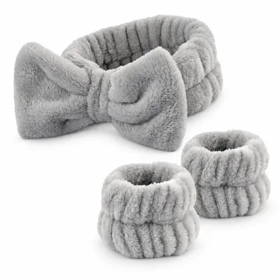 Produktbild von Kosmetik Haarband mit Schleife & 2 Handgelenkbänder – Plüsch Stirnband zum Schminken, Abschminken & Gesicht Waschen, Spa Set – Grau