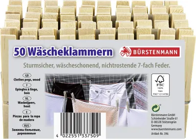 Produktbild von Bürstenmann Wäscheklammer Holz m. nichtrostender Metallfeder 7 cm 50 Stück