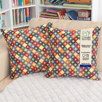 Produktbild von Selfitex 2er Set Bunte Couchkissen 50x50 cm, Sofakissen mit Füllung und Bezug, kuschelweiches Lesekissen, dekoratives Fernsehkissen, Deko- und Kopfkissen, Rückenkissen, Muster: Diamond