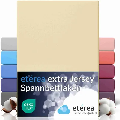 A product image showing a folded beige bedsheet with multiple other colored bedsheets stacked behind it. The bottom part of the image has branding and product information.