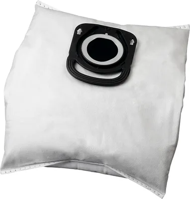 A white vacuum cleaner bag with a black plastic connector.