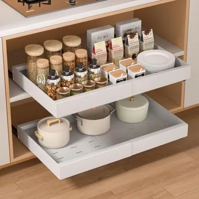 Produktbild von PromoHome® Teleskopische Küchenschublade - Ausziehbarer Schrankorganisator mit verstellbarer Breite (32-53 cm) - Montage ohne Bohren - Weiß