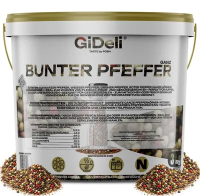 Produktbild von Bunter Pfeffer 3kg Ganz Pfefferkörner Mühle Gewürz Pfeffermischung Natur GiDeli
