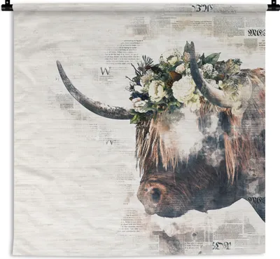 Produktbild von MuchoWow® Wandteppich Wandbehang Schottischer Highlander - Schottische Kuh - Blumen 150x150 cm Tapisserie Dekoration Wandtuch - Wohnaccessoires - Modernes