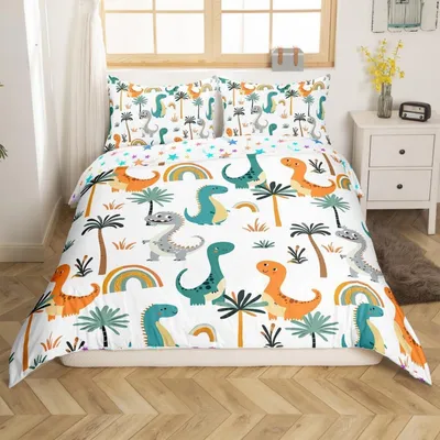 Zdjęcie produktu dla Komplet pościeli dziecięcej 135x200 cm, wzór: dinozaury, wielokolorowy, wykonany z mikrofibry, zawiera 1 poszewkę na poduszkę 80x80 cm