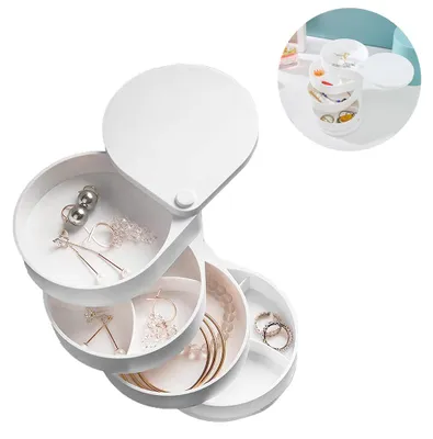 Produktbild von Schmuckaufbewahrungsbox für Damen und Mädchen, Schmucktablett-Organizer, kleines, drehbares 4-stöckiges Schmuckkästchen zur Aufbewahrung von Ohrringen, Armbändern, Ringen und Halsketten
