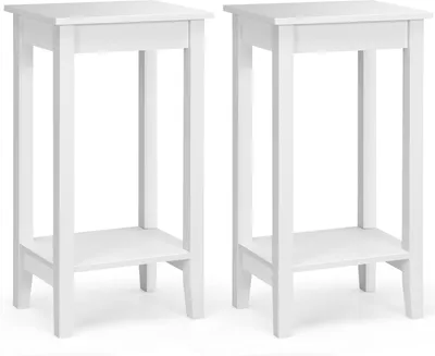 Two identical white side tables are shown against a white background.