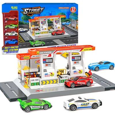 Produktbild von Stadt-Tankstelle mit Parkplatz und 4 Metallautos, Spielset