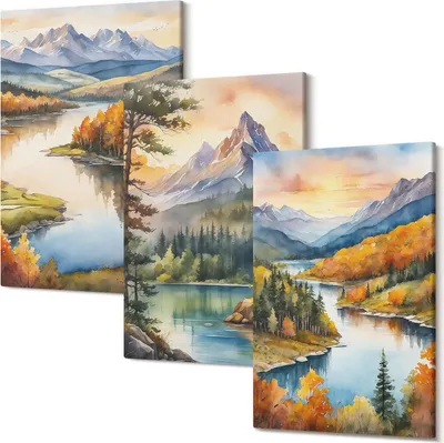 Produktbild von Leinwandbilder – Wandbilder – Leinwandbild – Canvas Bild – Polycanvas – Kunstdruck –  – Modern – Aufhängefertig – Mehrteilig – 3-Teilig – 40x60 Cm Pro Bild - Berglandschaften mit Fluss und bunten Bäumen