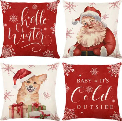 Produktbild von 4er Set Weihnachten Kissenbezug 45x45cm Dekokissen Kissenhülle Kissenbezüge Weihnachtsdeko, Rot