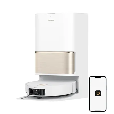 A white and gold robot vacuum cleaner with its charging station, and a smartphone displaying the brand's logo.