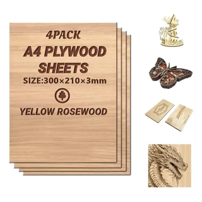 Image de 4 x A4 contreplaqué 3mm | Panneau de bois de rose jaune- Découpes fines en bois| Feuille parfaite pour la scie à chantourner, la pyrogravure,la découpe laser, le routeur CNC