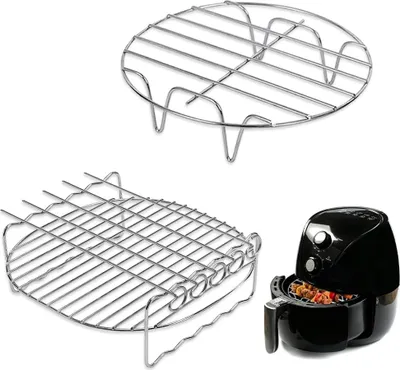 Produktbild von 2 Stück Heißluftfritteuse Zubehör, Air Friteuse Grill Heißluftfritteuse Grillrost mit 4 Spießen Edelstahl Airfryer Grillpfanne 17,7cm Edelstahl