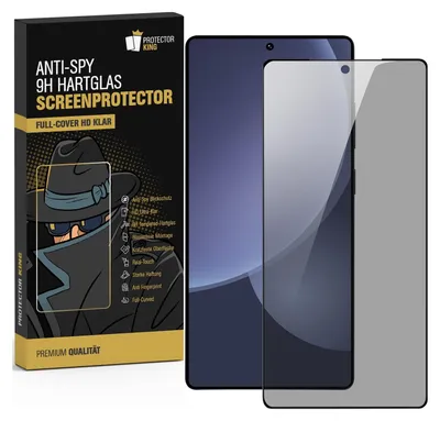 A product box for an anti-spy screen protector is shown next to a smartphone with the screen protector applied.