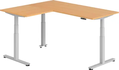 Produktbild von bümö Eckschreibtisch elektrisch höhenverstellbar L-Form - Gestell: Silber, Nachbildung: Buche, Größe: Eckschreibtisch 180 x 160 cm