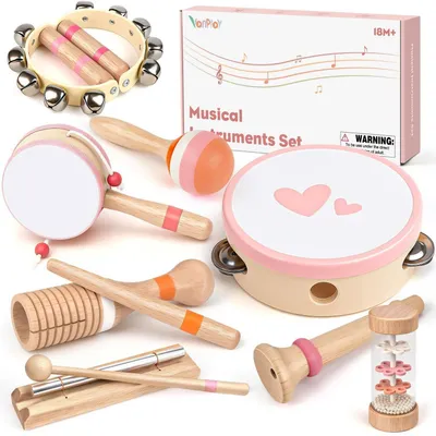 Produktbild von Musikspielzeug-Set Kinder Schlagzeug Trommel Holz Montessori Ab 3 Jahre Rosa 8-teilig