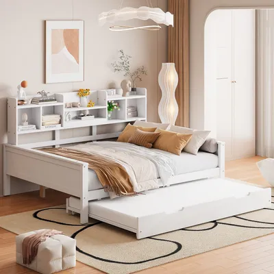 Produktbild von Odikalo Ausziehbett Daybett Schlafsofa Unterbett Massivholz Staufach Lattenrost 140*200 cm Weiss