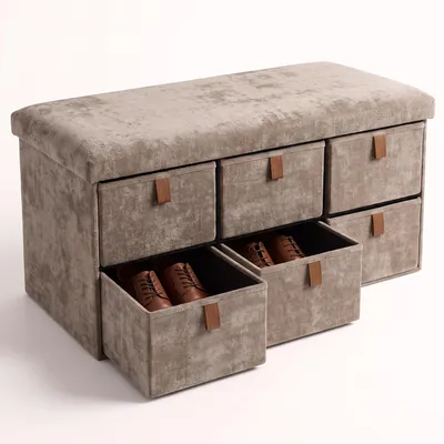 Immagine prodotto di CASABEL Panca Scarpiera Pieghevole in Velluto con 6 Cassetti, Beige