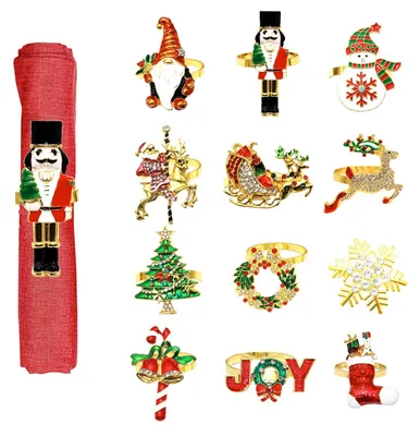 Serviettenringe, 12 Stück, gold, Weihnachtsmotive, Metall