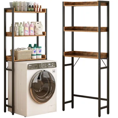 A bathroom shelf unit placed over a washing machine, with laundry products on the shelves. A separate, empty shelf unit is shown to the right.