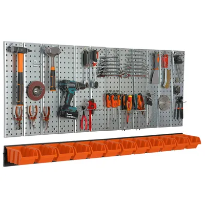 Produktbild von Werkzeugwand 156x72 cm Metall Lagersystem mit Werkzeughaltern Werkzeughaken und 12 Stapelboxen 120 x 195 x 90 mm Farbe: orange Lochbrett Werkstatt Garage Steckbrett Elektrowerkzeuge Lochwand