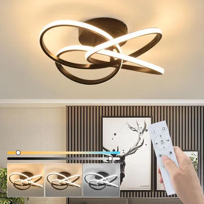 A modern LED ceiling light with a remote control and color temperature adjustment options.