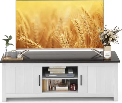 Produktbild von KOMFOTTEU Fernsehtisch, Lowboard für Fernseher bis zu 65 Zoll, TV Ständer mit 2 Schränken & 2 offenen Regalen, Fernsehschrank TV Schrank für Wohnzimmer, Esszimmer, Schlafzimmer (Weiß + Braun)