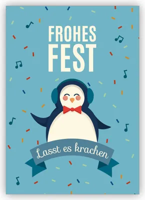 Produktbild von Lustige Party Weihnachtskarte mit DJ Pinguin: Frohes Fest Lasst es krachen